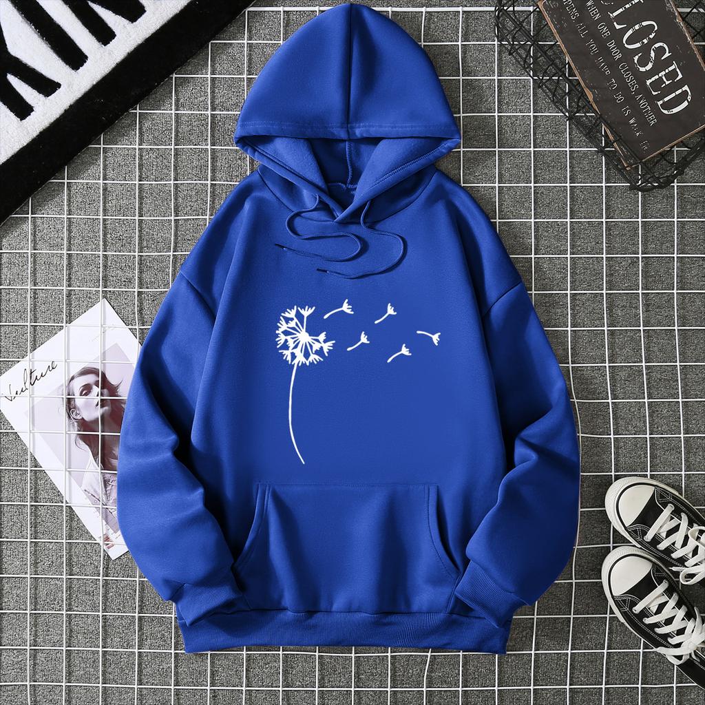 Women's Fleece Sweater Plant Print Kangaroo Pocket Drawstring Print Hoodie