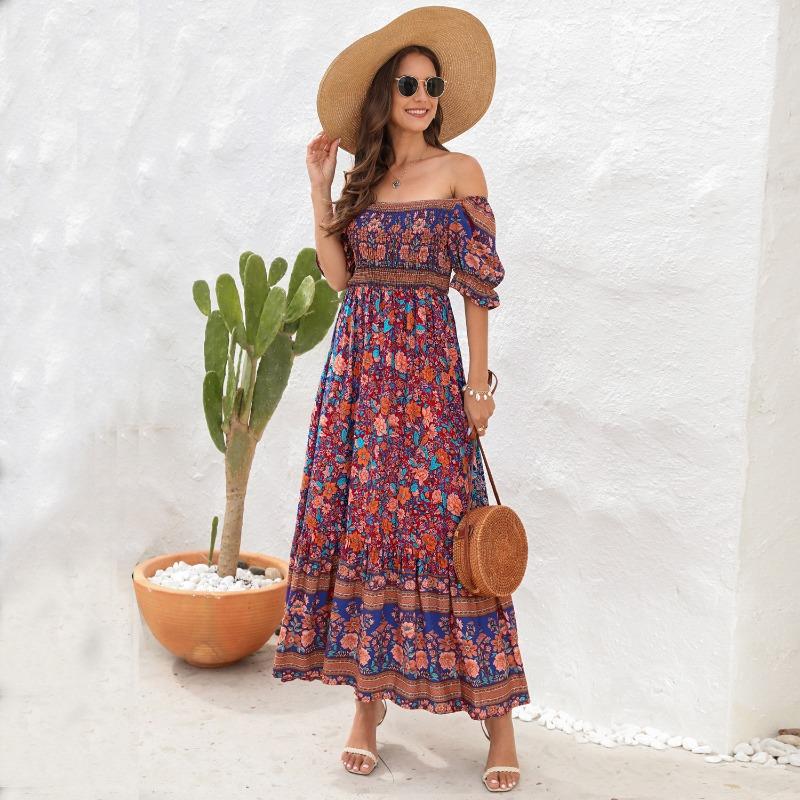 Bohemian Puff Sleeve Off Shoulder Midi Beach Vacation Dress For Women