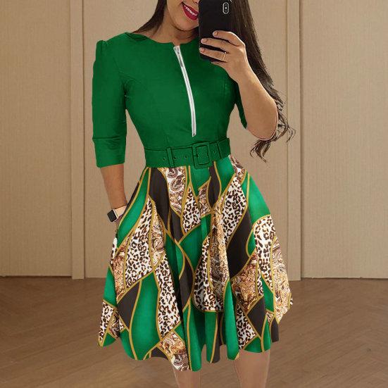 Ladies Dress Zipper Decor Belted Tight Waist Color Matching Print Round Neck Pockets Three Quarter Sleeve A-line Loose Hem Spring Fall Mini Dress