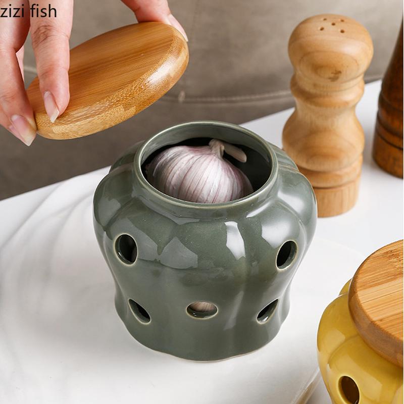 Полая керамическая банка для хранения с деревянной крышкой, влагостойкая вентилируемая емкость для хранения, банка для чеснока и имбиря, настольный органайзер, банки для свечей