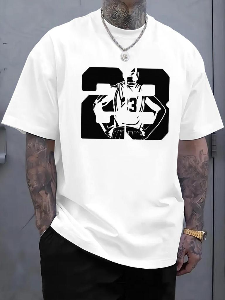 Plus Size Men's Letter Pattern Printed Christmas Essential T-Shirt. Men's Trendy Short-sleeve T-shirt, Featuring a Star Number 23 Design