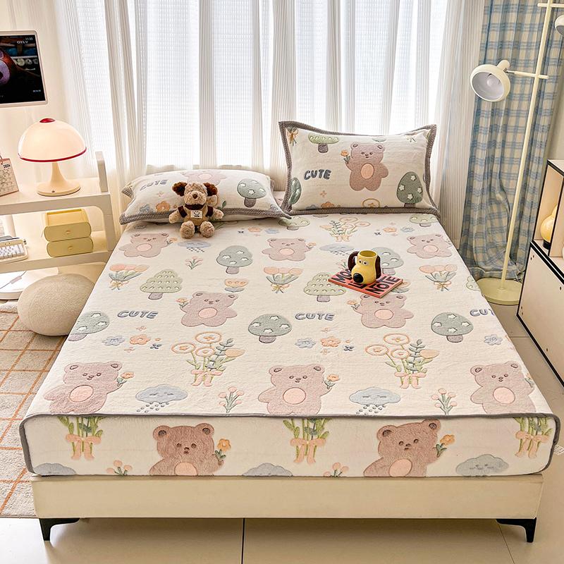 Flannel Fitted Sheet Warm Bedsheet Cartoon Bed Cover Thicken Bed Linen Winter Mattress Protector sabanas (Pillowcase Need Order)