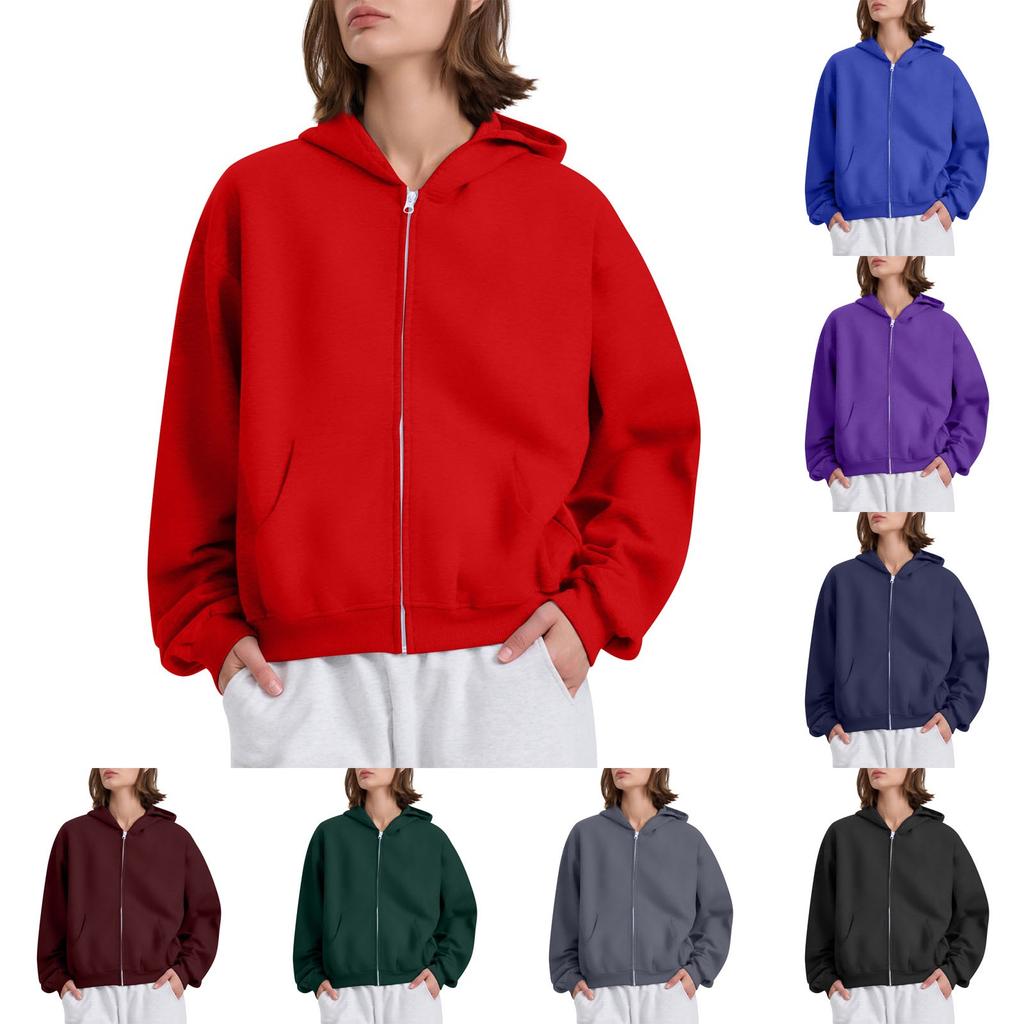 Женская однотонная свободная толстовка с капюшоном на молнии с длинным рукавом