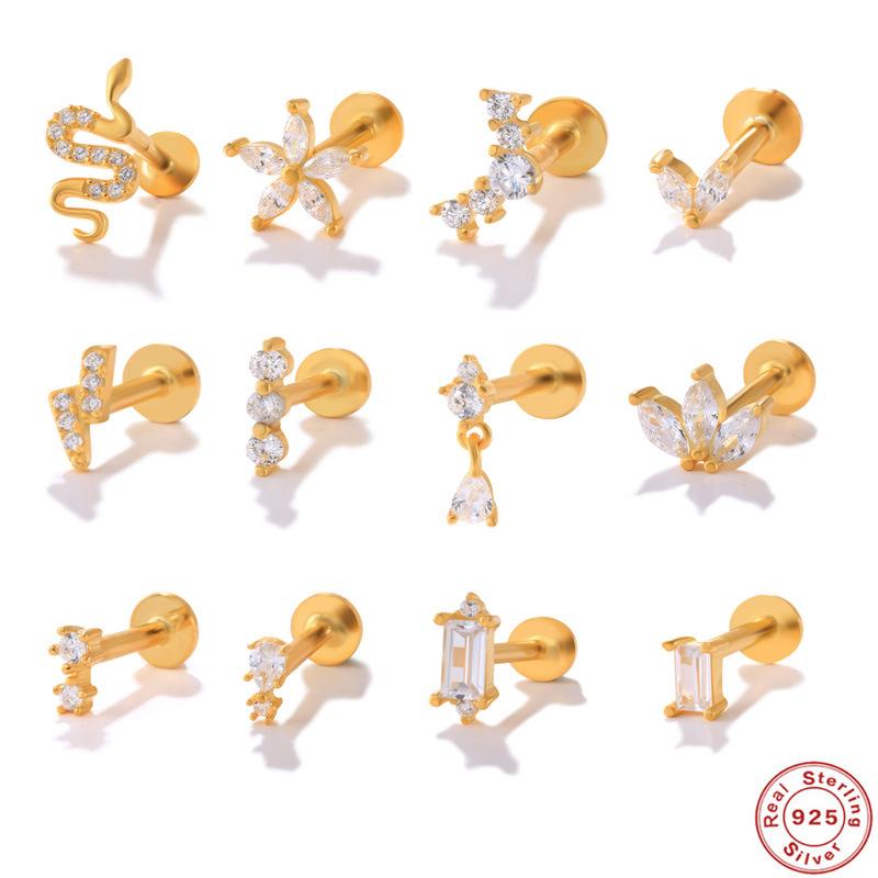 S925 Sterling Silver Flower Geometric Snake Diamond Flat Head Internal Thread Glossy Piercing Cartilage Earrings Earrings