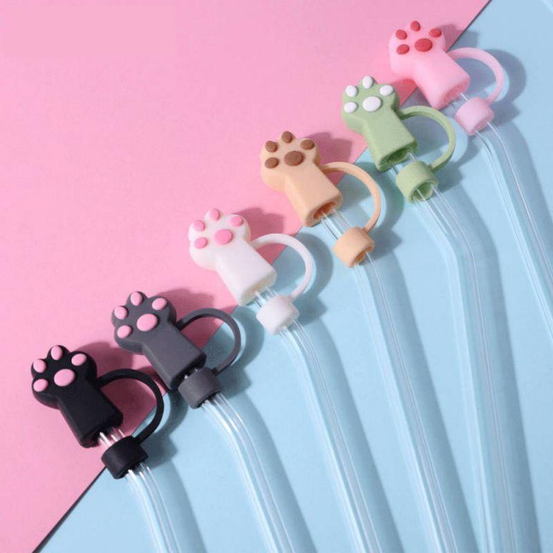 6PCS 10mm Straw Covers Cap Cute Cat's Paw Straw Toppers for Tumblers Reusable Drink Straws Covers Kitchen Accessories