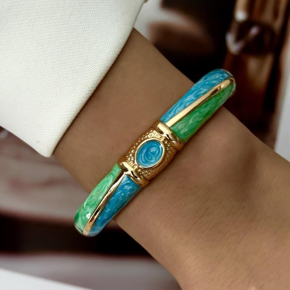 Dripping Oil Enamel Cuff Bracelet Flower Wide Cuff Bangle Retro Geometric Cloisonne Bangle Women