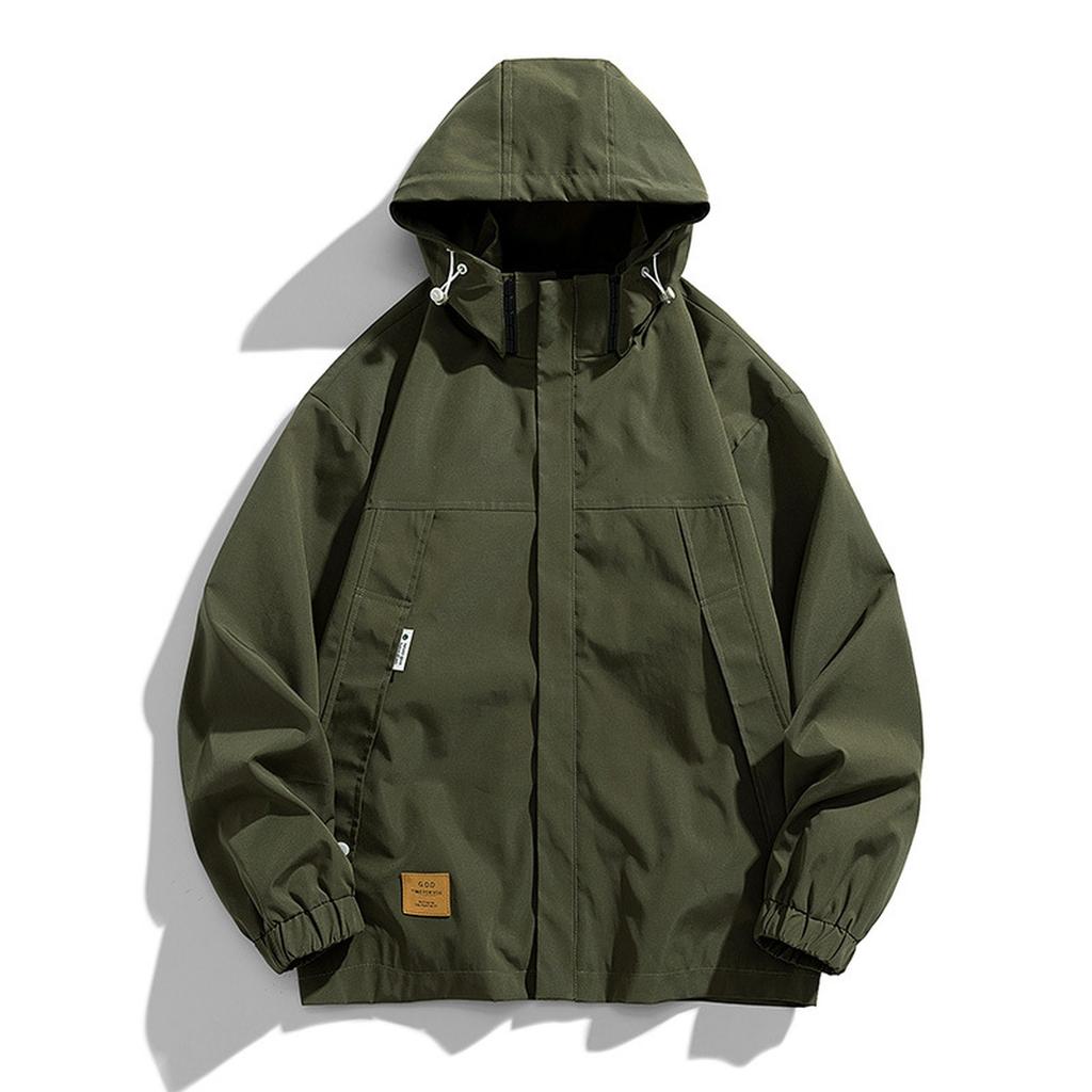Men's Large Size Trend Casual Top Youth Hooded Everything Loose Jacket Elastic Drawstring Solid Color Windproof Jacket