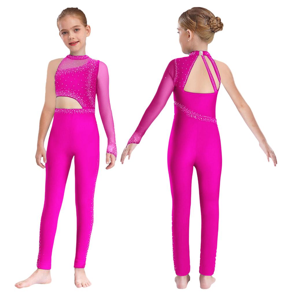Женский цельный купальник-трико с прозрачными сетчатыми вставками, асимметричный дизайн с вырезами, воротник-стойка, блестящие стразы, костюм для гимнастики и танцев