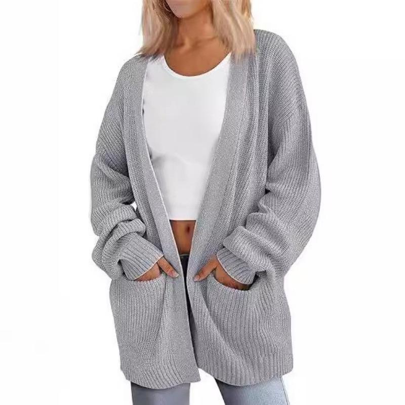 Autumn Winter Loose Casual Cardigan Pocket Sweater Ladies Solid Color Knitting All-match Outwear Female Top