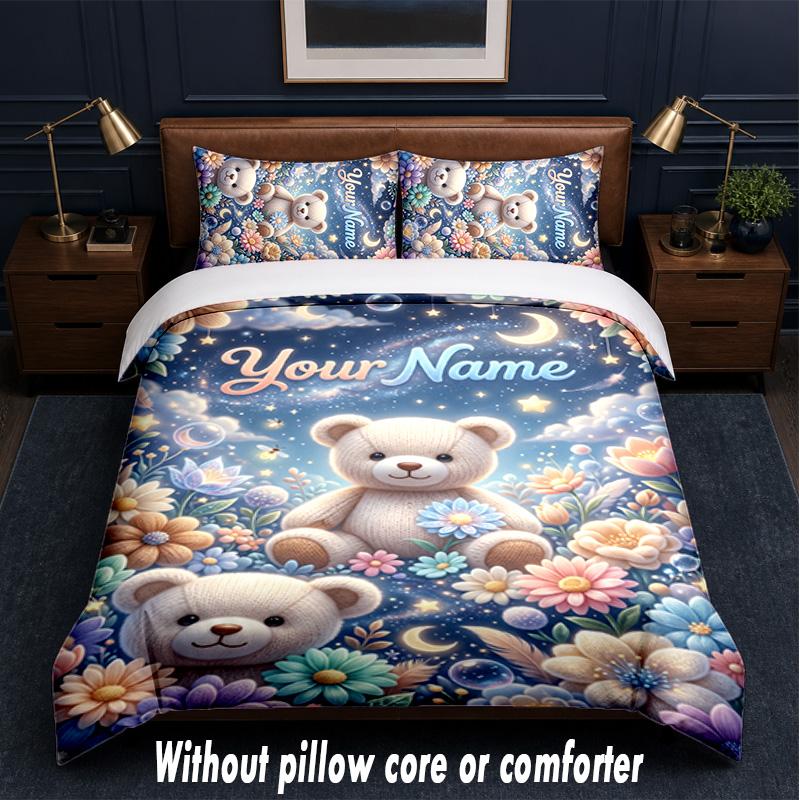 Teddy Bear Theme Custom Text Or Name 3Pcs Bedding Set,1 Flat Sheet & 2 Pillowcases Personalized Home Bedding