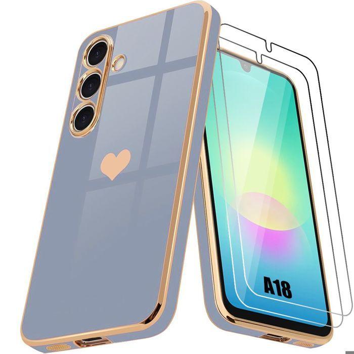 Coque pour Samsung Galaxy A18 4G/5G, Anti-Rayures Souple Motif Cœur - Bleu - 2 Verres Trempés