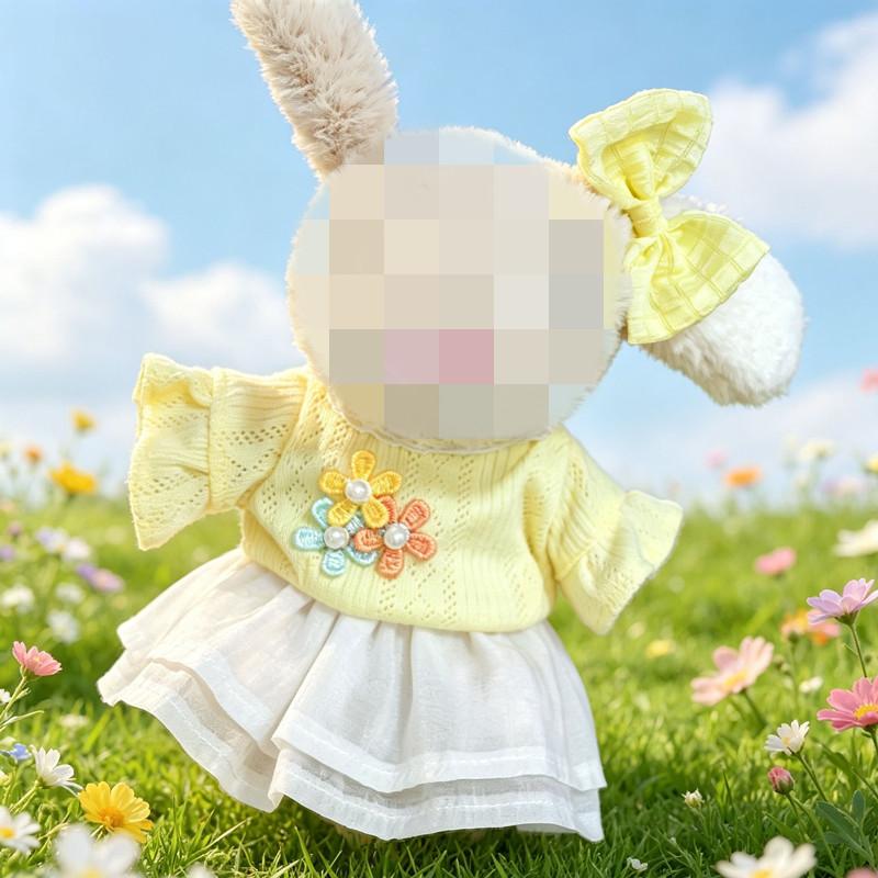 [Cloth Only]Doll Skirt Suit for 18CM Plush Dolls , a Cotton pink Shirt and Gauze Skirt Set with Three Flowers.
