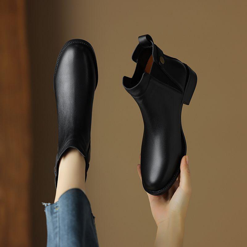 Осенне-зимние кожаные туфли с круглым носком, металлические застежки, большой размер, толстый каблук, без застежек, женские ботинки «Челси»