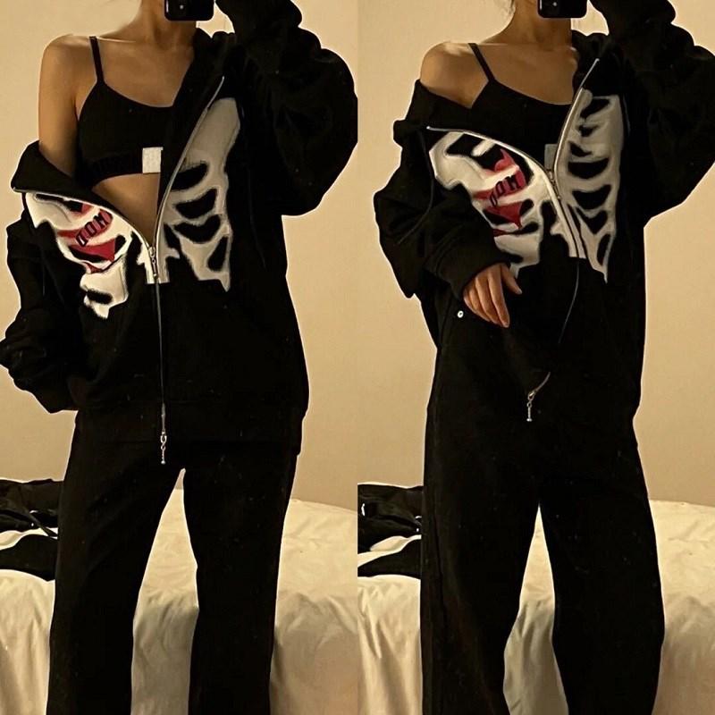Harajuku Kawaii Hooded Women's Skull Print Vintage Zipper Coat Top Y2K Grunge Loose Sleeve Sweatshirt