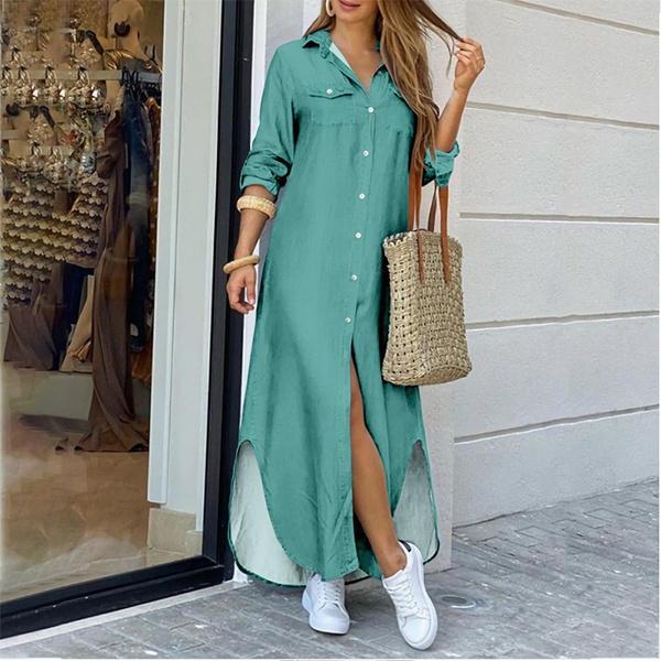 Women Fashion Long Sleeve Plain Shirt Dresses Lapel Collar Button V Neck Slit Irregular Hem Maxi Dress