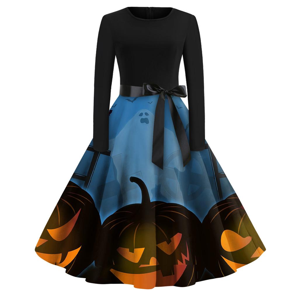 Women's Fashion Round Neck Casual Slim Fit Halloween Printed Long Sleeve Dress