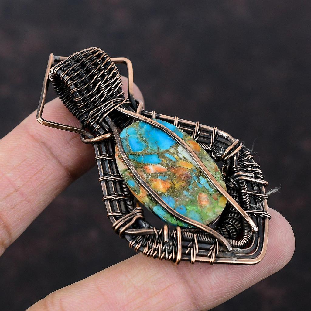 Колючая устрица, медная бирюзовая подвеска, медная проволока, обернутая подвеской с драгоценным камнем, дизайнерская подвеска, медная проволока ручной работы, ювелирный подарок для нее