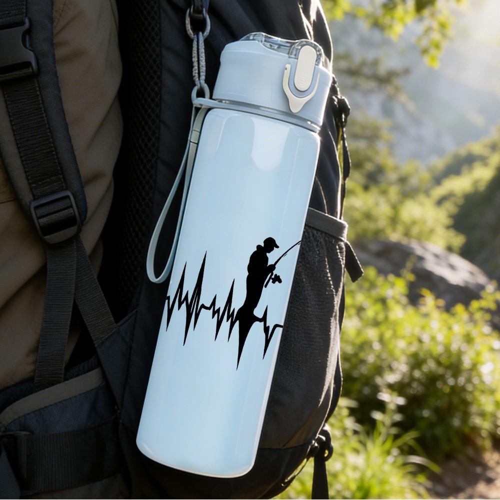 1PC Fisherman Fishing Heartbeat Print 750ml Color Plastic Sports Water Bottle Leakproof Flip Straw Lid Suitable for Sports Office Home Use