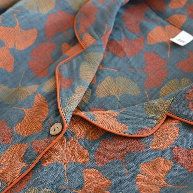 Новая весенне-летняя женская пижама, костюм с длинными рукавами, брюки, комплект из двух частей, 100% хлопок, креп, цветы, листья, домашняя одежда