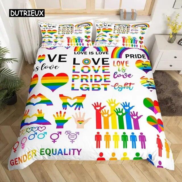 Love is Love Пододеяльник Радужный комплект постельного белья Pride for Love Theme Романтическое одеяло Красочный мультяшный автомобиль Покрывало из трех предметов