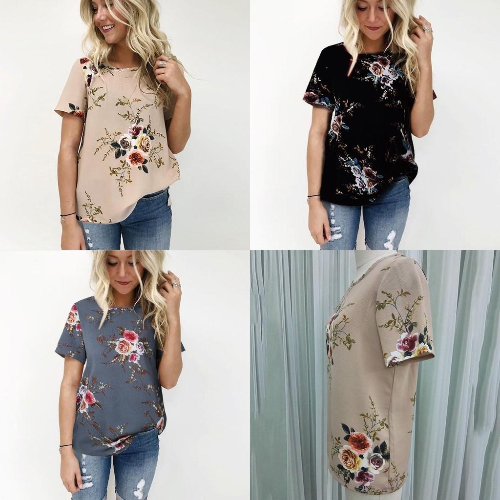 Elegant Summer Women Blouse Floral Print Short Sleeve Loose Casual T-shirt Tops