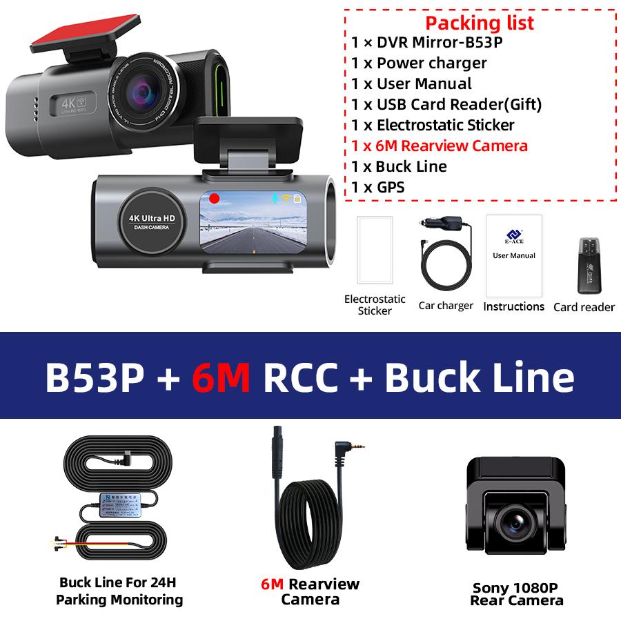 E-ACE Мини-видеорегистратор 4K, GPS, Wi-Fi, 24 часа, двойной объектив для парковки, камера заднего вида 1080P, черный ящик ночного видения для автомобиля