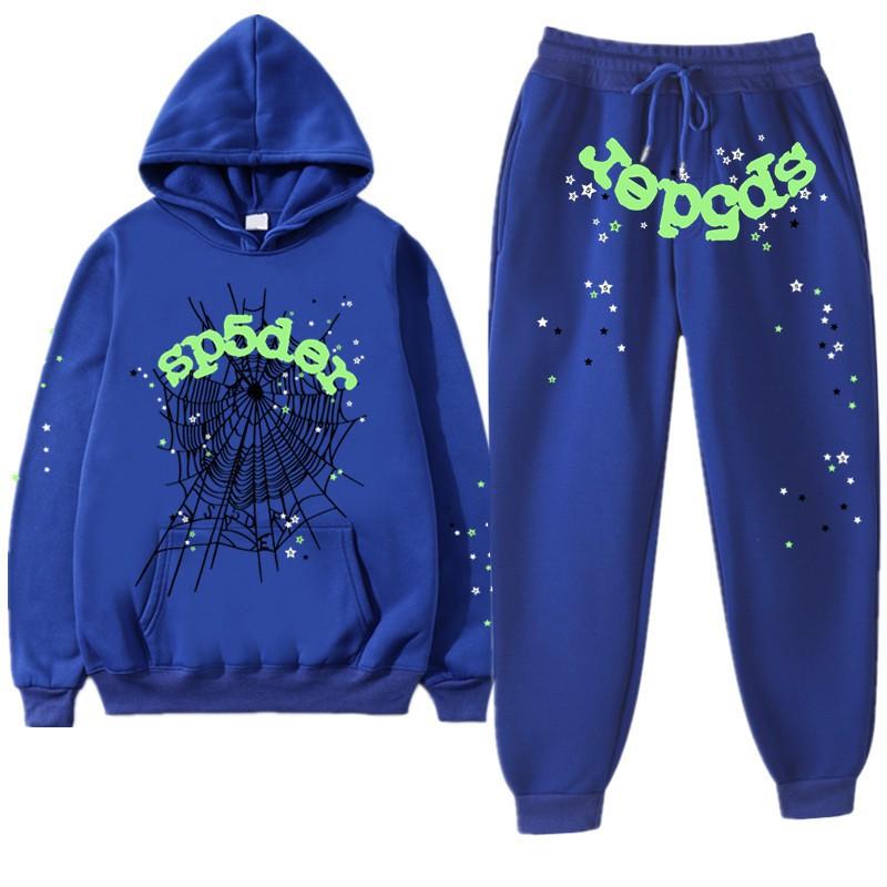 Couple Spider Web Letter Print Hooded Sweatshirt Fleece Track Pants Set Streetwear Teens