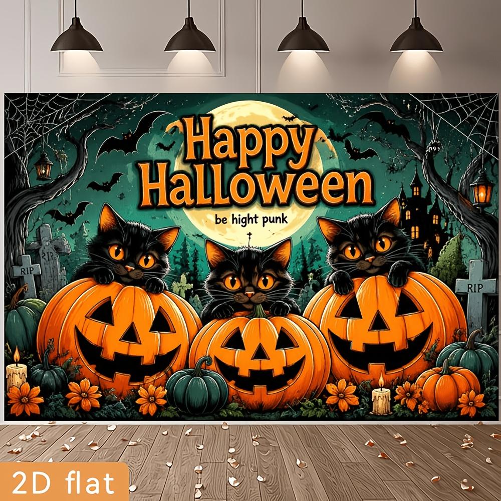 One 2D Halloween-themed banner background featuring a black cat and a pumpkin lantern.zyc