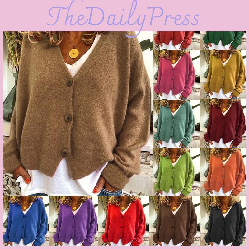 Knitted Womens Plain Coat Cardigan Ladies Button Loose Jumpers Sweater Size Plus