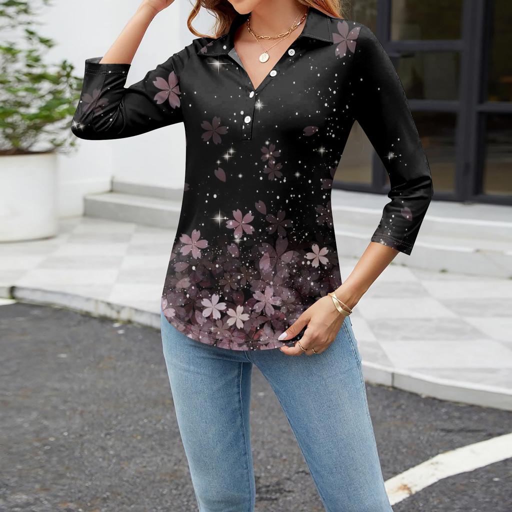 Женский модный повседневный топ на пуговицах с длинным рукавом и цветочным принтом, v-образным вырезом и пуговицами