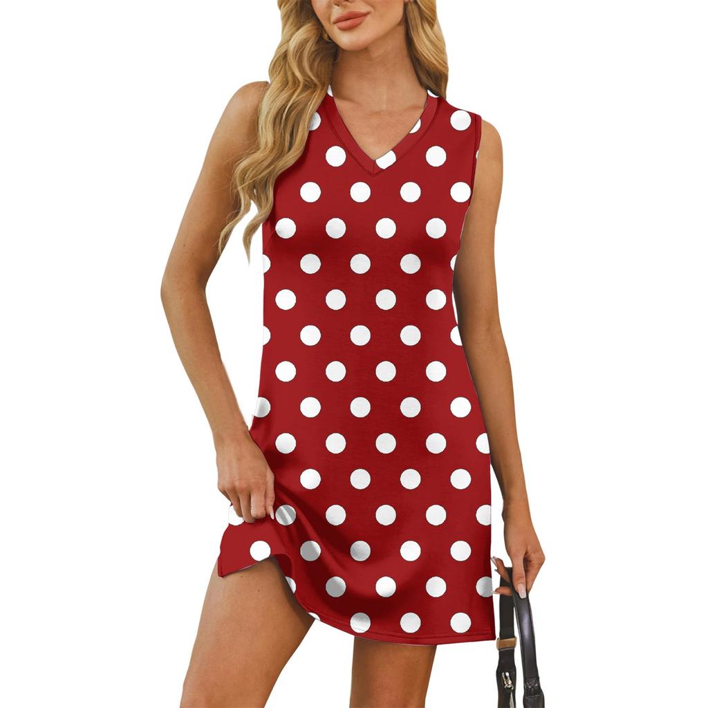 Женский летний повседневный сарафан без рукавов с принтом в горошек с V-образным вырезом для пляжного отдыха