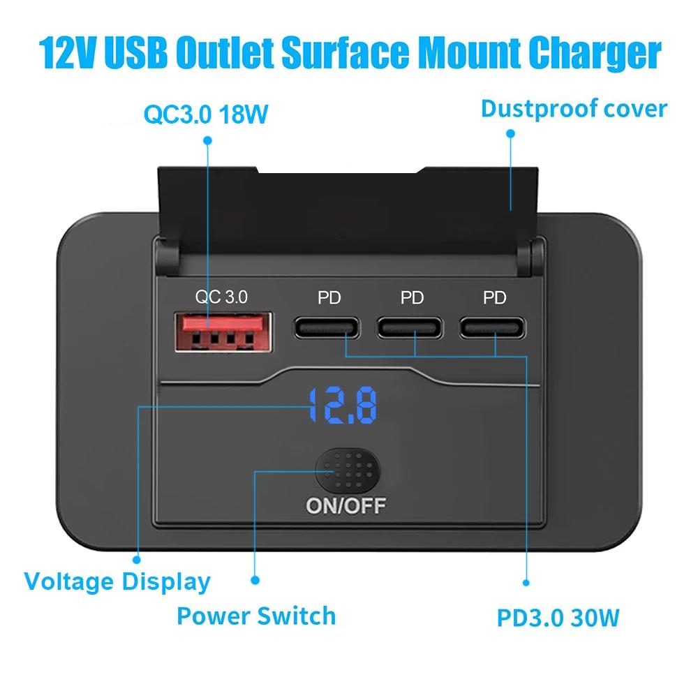 Three PD & QC 3.0 USB Car Charger 12V RV USB Outlet Panel  with Switch & Voltmeter  Fast Charging Socket Accessories for Car Bus