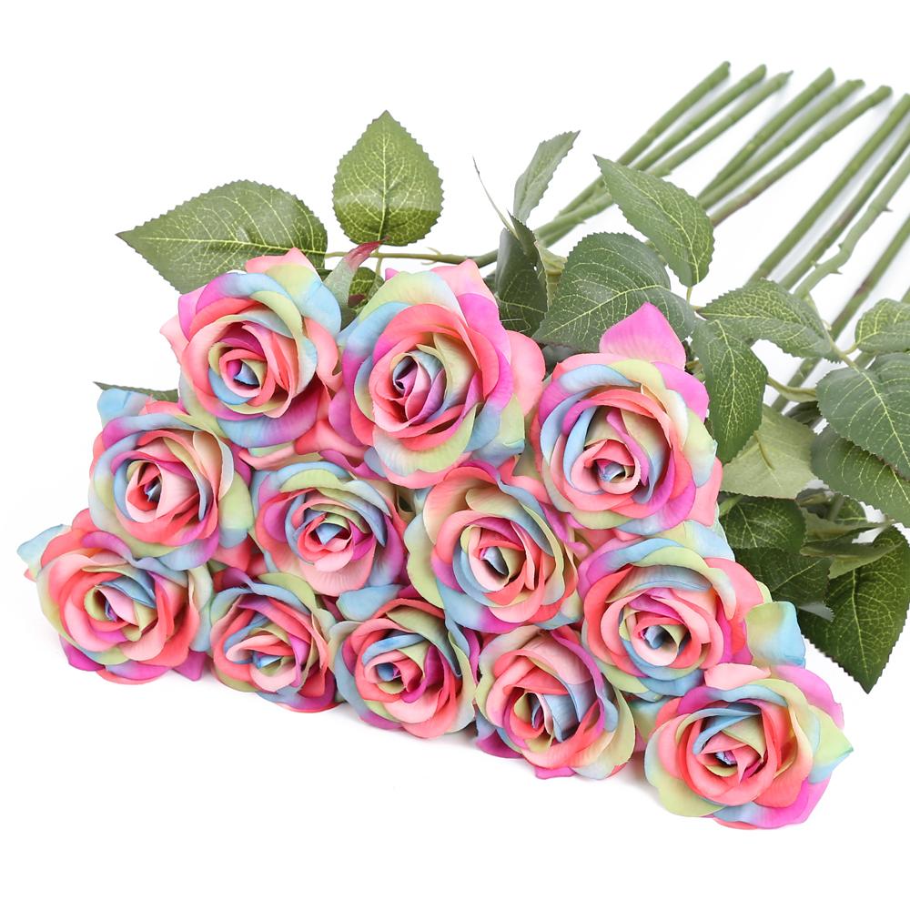 12 шт., искусственные розы ко Дню святого Валентина, радужная роза, настоящие радужные шелковые розы, искусственные розы для букетов, свадеб, вечеринок, детского душа, домашнего декора
