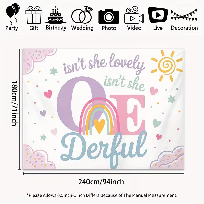 2D Flat Printing One-derful 1st Birthday Background Cloth, Pastel Rainbow Party Decor