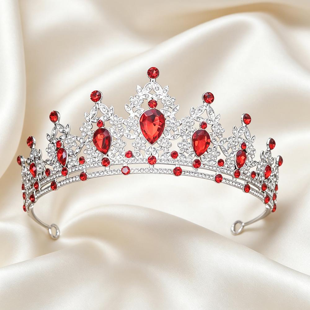 Red Bridal Jewelry Rhinestone Tiara Crown Necklace Earrings Elegant Queen Accessories Wedding Prom Birthday Formal Occasions