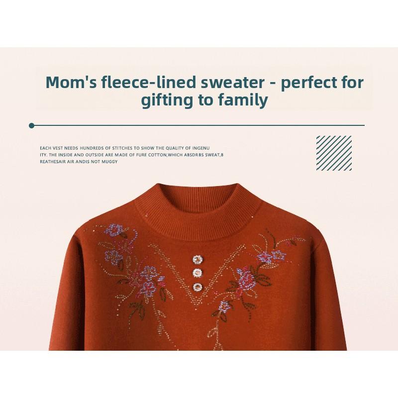 Mother's autumn and winter fleece-lined base shirt, middle-aged and elderly autumn clothing, winter warm sweater, women's top, ladies' knitwear
