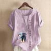 Women's New Fashion Linen Shirt Round Neck Short Sleeve Elephant Printed T-shirt Summer Ladies Casual Plus Size Blouse Tops