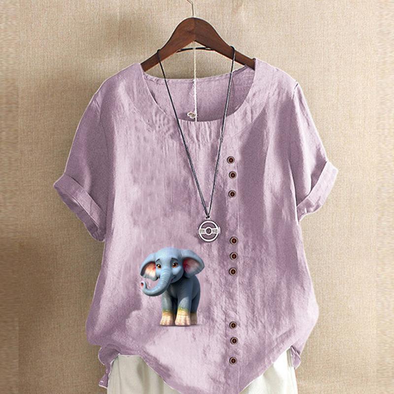 Women's New Fashion Linen Shirt Round Neck Short Sleeve Elephant Printed T-shirt Summer Ladies Casual Plus Size Blouse Tops