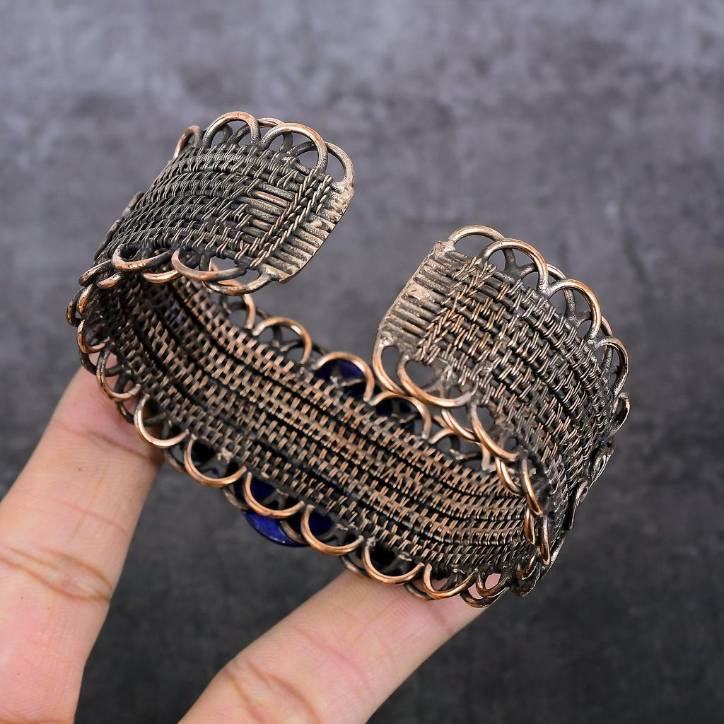 Natural Lapis Lazuli Gemstone Copper Wire Wrap Cuff Bangle Adjustable C3t90