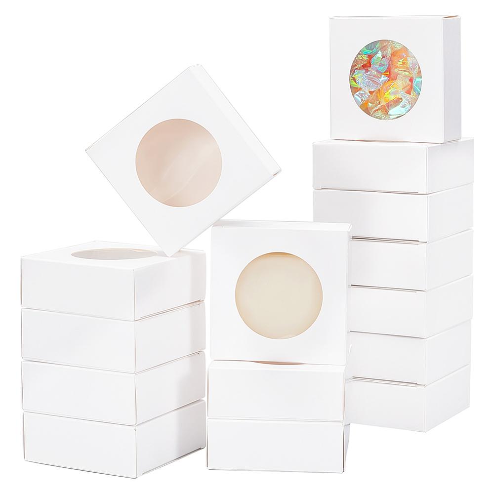 24pcs Cube Kraft Paper Storage Gift Boxes Visible Winbow Gift Packaging Case for Soap Packaging White 8x8x3cm
