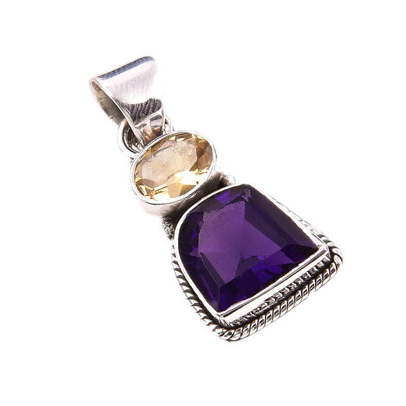 Natural African Amethyst,Citrine 925 Solid Sterling Silver Pendant 1.25'' D6D07