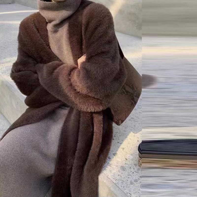 Розовый Синий Коричневый Белый Длинный Кардиган Женская Зимняя Одежда Вязаный Пушистый Длинный Рукав Кашемировый Свитер Пальто Clotkorean Стиль Теплый Винтаж