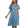 2024 Solid Denim Dress Pleated Blue Short Sleeve Button Pocket Shirt Dress