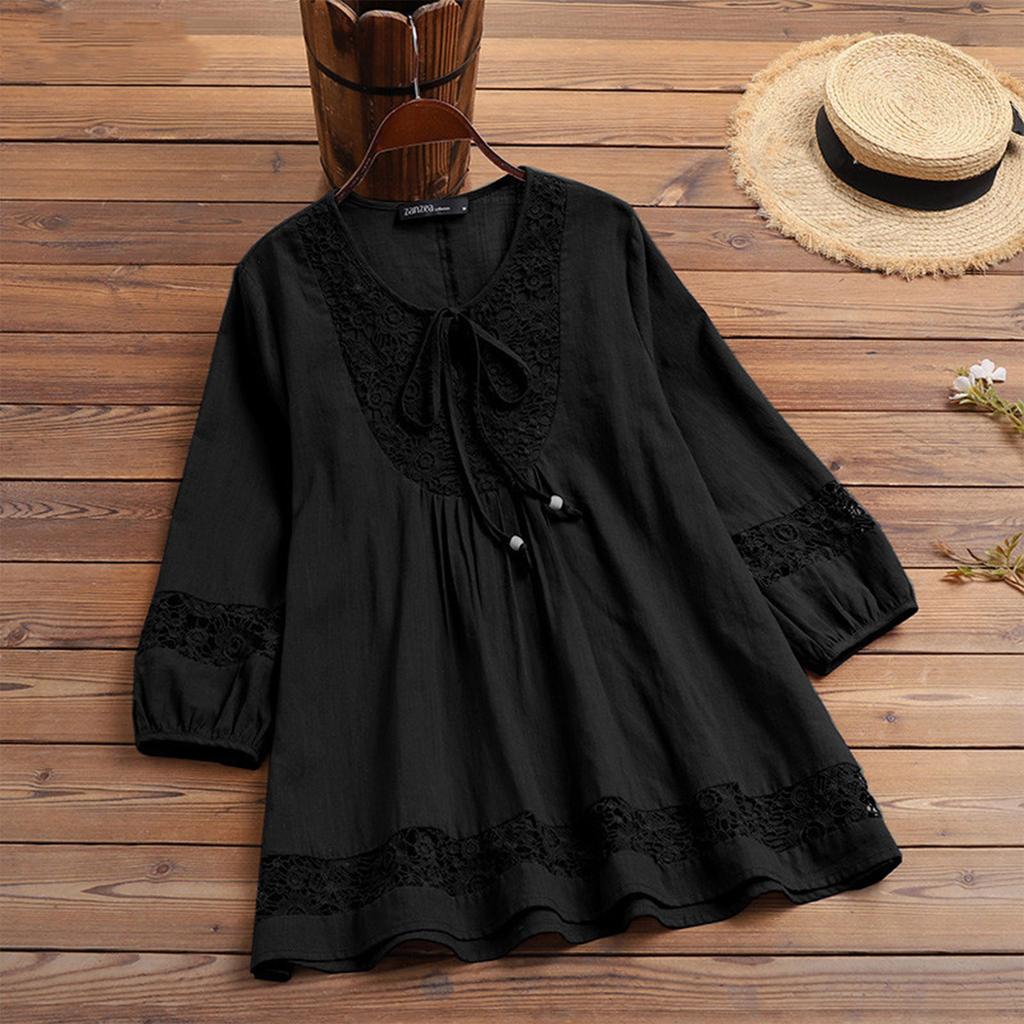 Women's Fashion Casual Loose Pleated Lace Hollow O-Neck Blouse Top