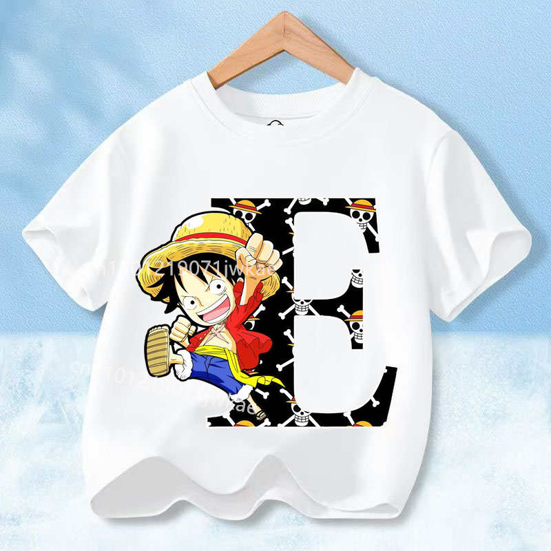 2026 Новая футболка с принтом One Piece Буквы A-Z Аниме Луффи Гир Мультяшная Графика Хлопковая Футболка для Детей Летние Спортивные Футболки Повседневные Детские Топы