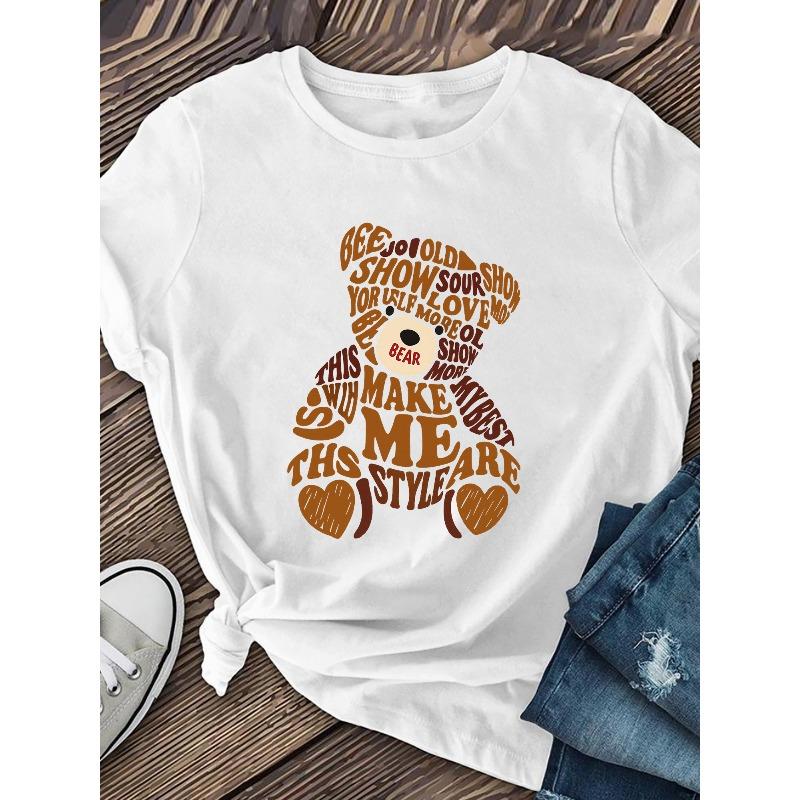 Женские и детские футболки с алфавитом 'Little Bear' европейского размера - Мягкие, дышащие, с коротким рукавом, круглым вырезом, с милым мишкой - Летние наряды, новые стили 2026