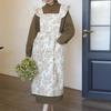 Long Retro Printed Cotton Ruffled Kitchen Apron with Pockets Summer Pleated Women's Cross-back Apron Water-resistant Pinafore