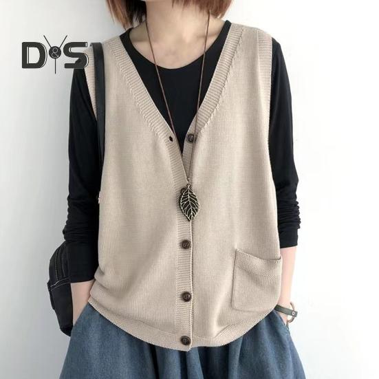 Женский вязаный жилет с V-образным вырезом без рукавов, однобортный теплый жилет, однотонный свободный крой, трикотажные майки с карманами