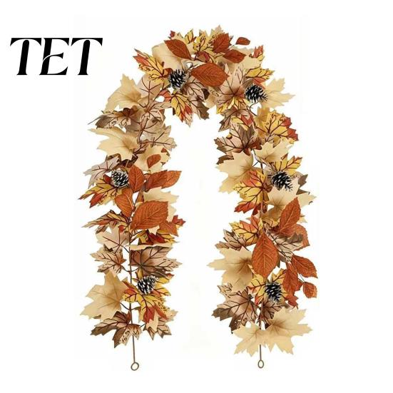 Seasonal Porch Welcome Signs Artificial Fall Maple Leaf Wreath, Autumn Vine with Pine Cones Pumpkins, Reusable Fake Leaves Hanging Decor for
