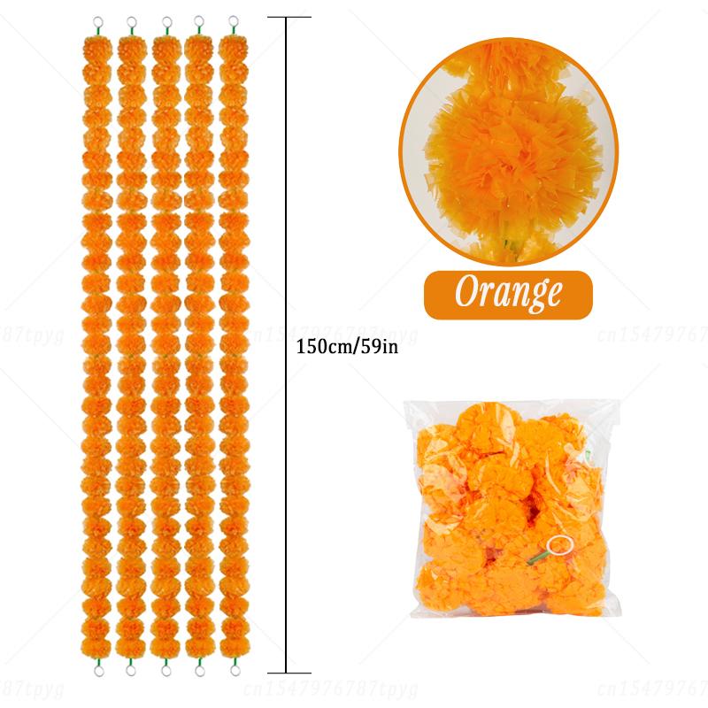 5‑40Pcs Marigold Flowers Garland for Decor 5Ft Artificial Marigold Flowers Wreath for Diwali Pooja Day of Dead Wedding Party